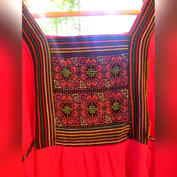 Summer Dress Red Embroidered Maxi Short Sleeve Square Neck Thailand Cotton Med - Picture 4 of 14